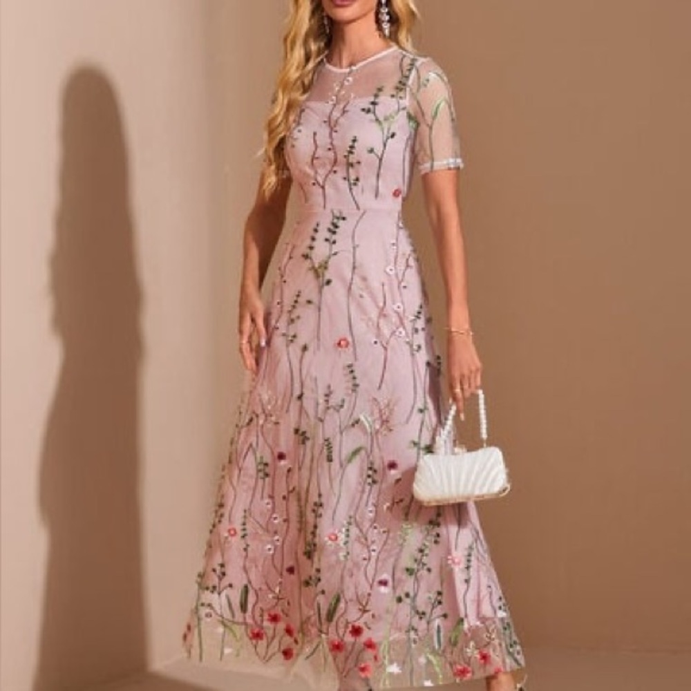 JJs House Floral Embroidered Midi Dress in Pink
